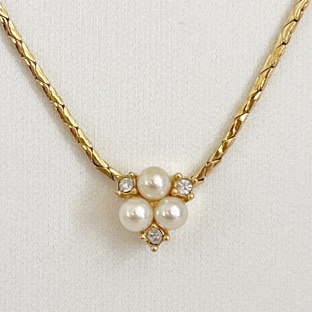 CHRISTIAN DIOR Vintage Faux Pearl & Crystal Flower Cluster Pendant Necklace